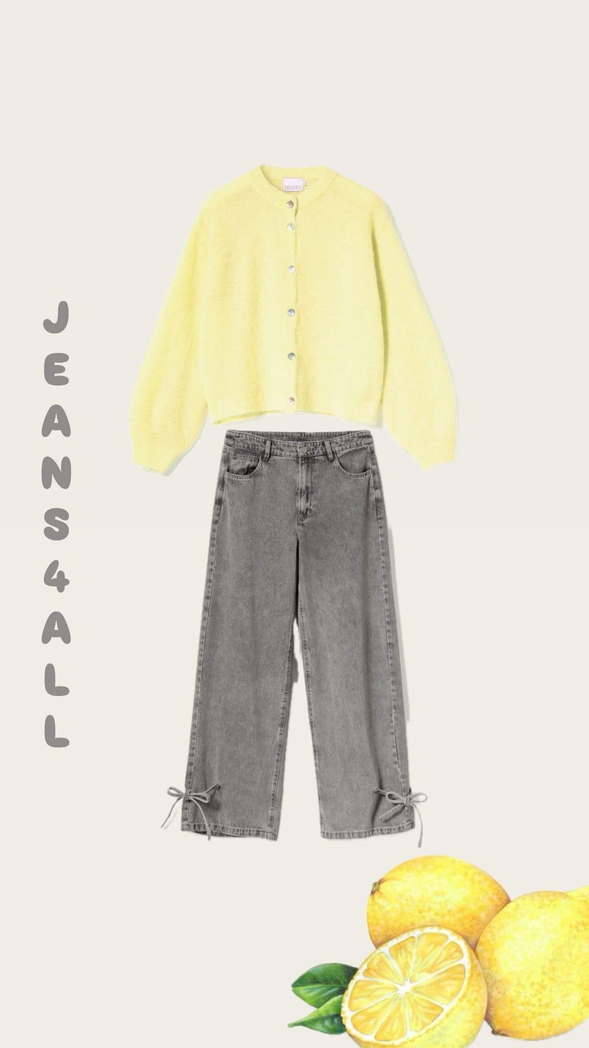 Eine pastellgelbe Strickjacke und eine graue Jeans mit Schleifendetails sind auf einem cremefarbenen Hintergrund abgebildet. Auf der linken Seite steht vertikal das Wort "JEANS4ALL", und in der rechten unteren Ecke sind drei Zitronen abgebildet.