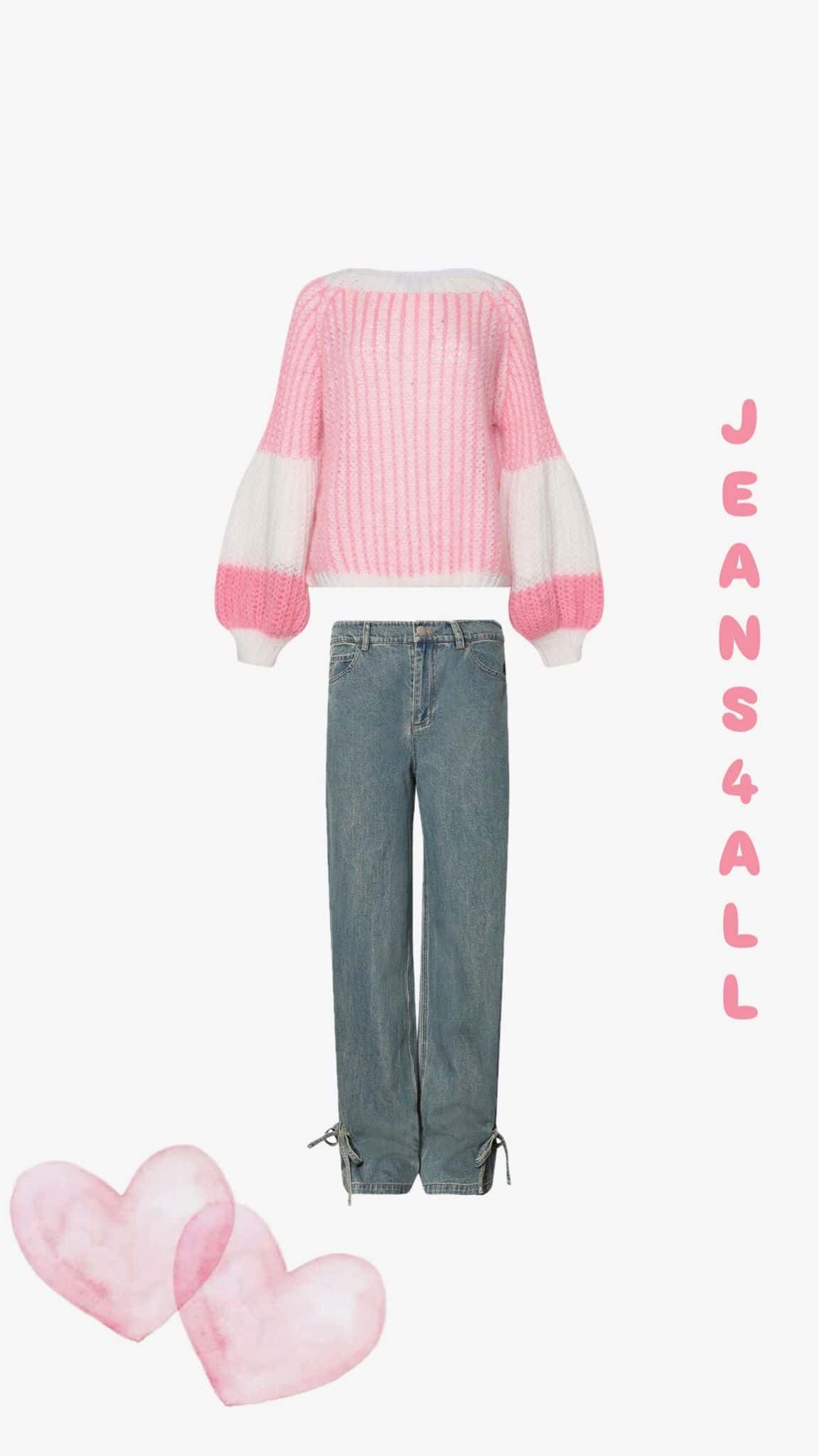 Ein rosa-weiß gestreifter Pullover ist mit einer blauen Jeans auf weißem Hintergrund gepaart. JEANS4ALL ist vertikal in Rosa geschrieben, und zwei pastellrosa Herzen befinden sich unten links.